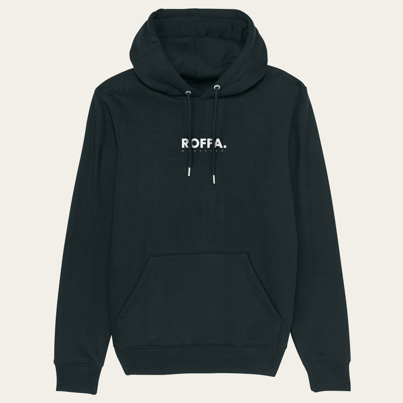 Zwarte hoodie met capuchon en groot ROFFA. rotterdam logo