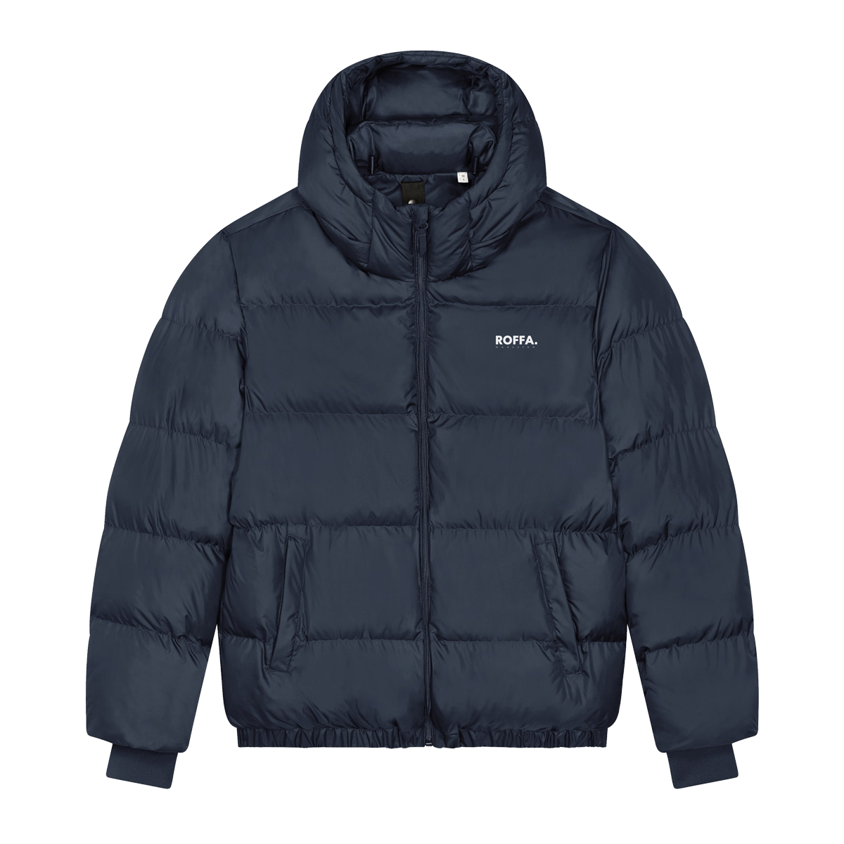 Blauwe puffer jas met Roffa logo