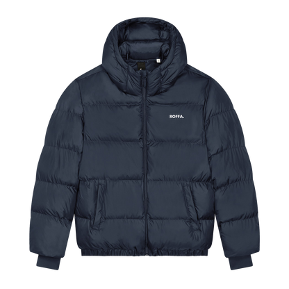 Blauwe puffer jas met Roffa logo