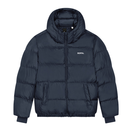 Blauwe puffer jas met Roffa logo