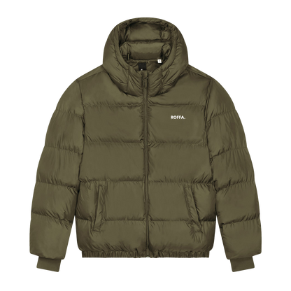 Olijf groene puffer jas met Roffa logo