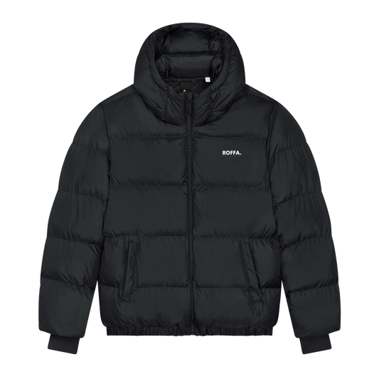 Zwarte puffer jas met Roffa logo