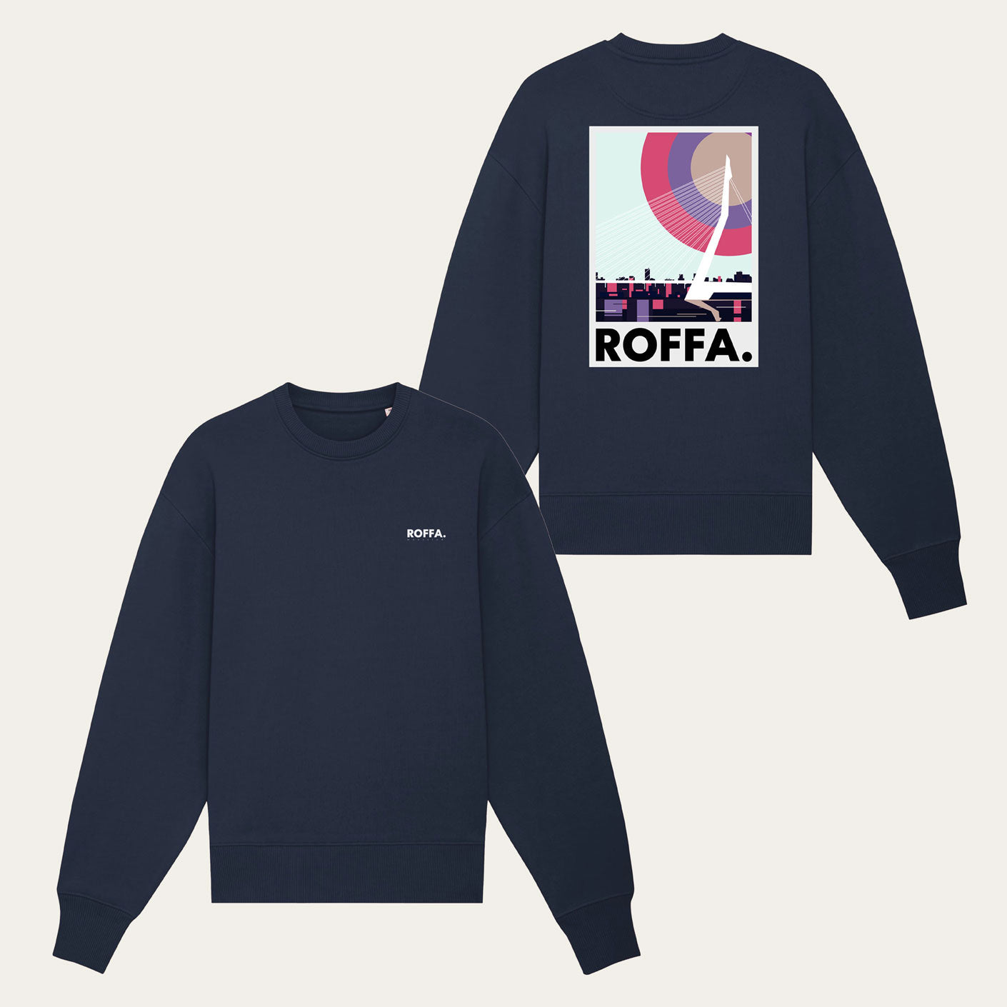 Blauwe oversized Roffa trui met de Erasmusbrug
