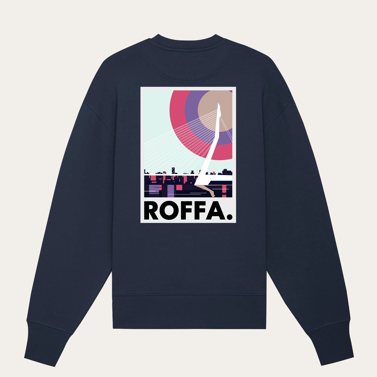 Donker blauwe oversized Roffa trui met de Erasmusbrug