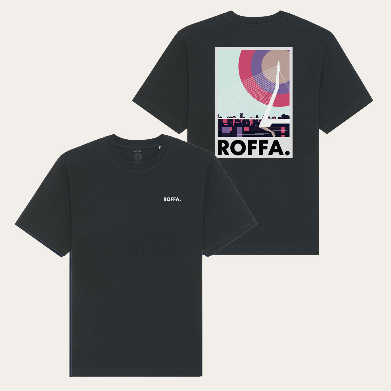Zwart oversized t-shirt met Erasmusbrug en ROFFA logo  