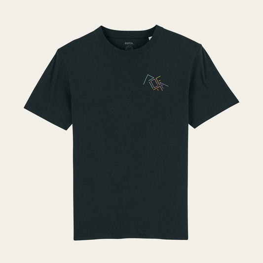 Zwart t-shirt met ROFFA. rotterdam in regenboog logo